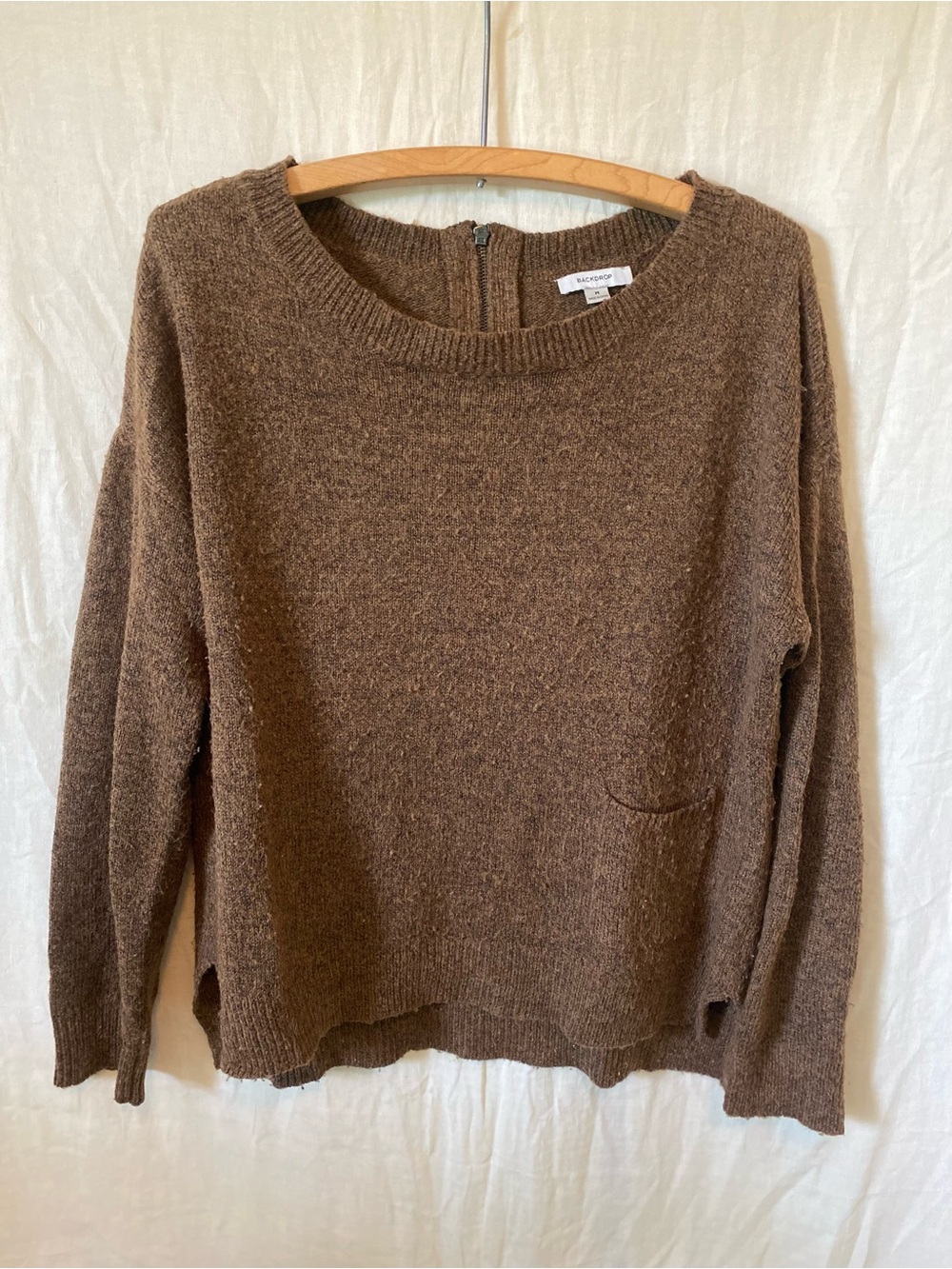 Cozy Crewneck Sweater in Brown with Subtle Pocket and Back Zip - Medium